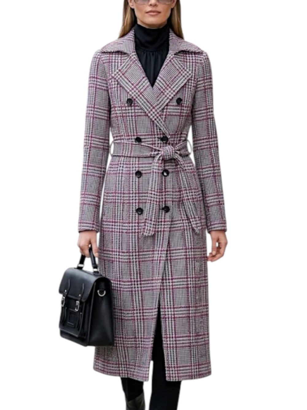 Iris Setlakwe designer wool blend pink blue beige houndstooth plaid trench coat